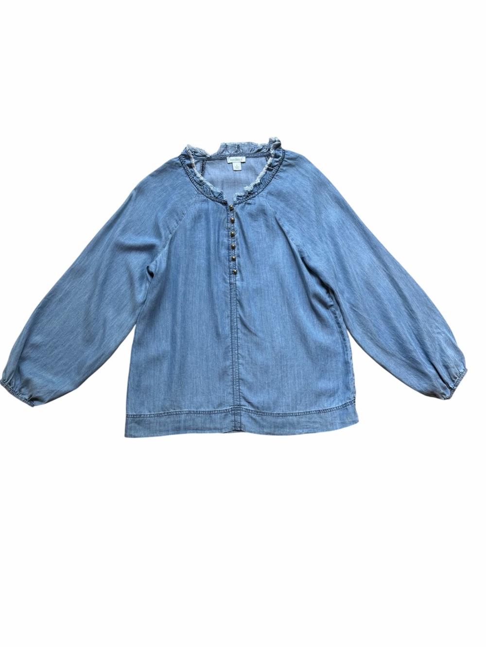Sundance Blue Chambray Boho Balloon Sleeve Button Up Half Placket Shirt